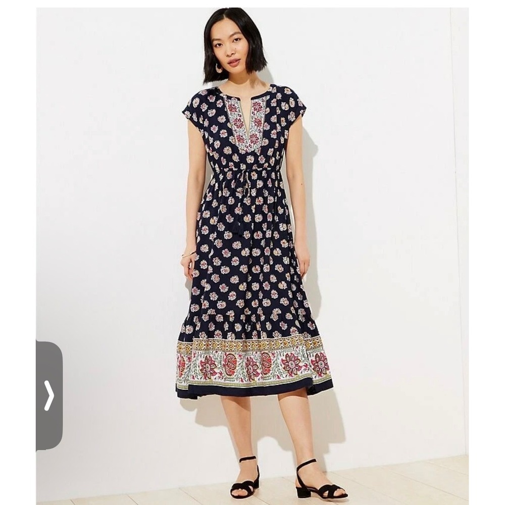 LOFT Floral Dress Medium Navy Blue  Boho Ruffle Hem Tassel Waist Cap Sleeve